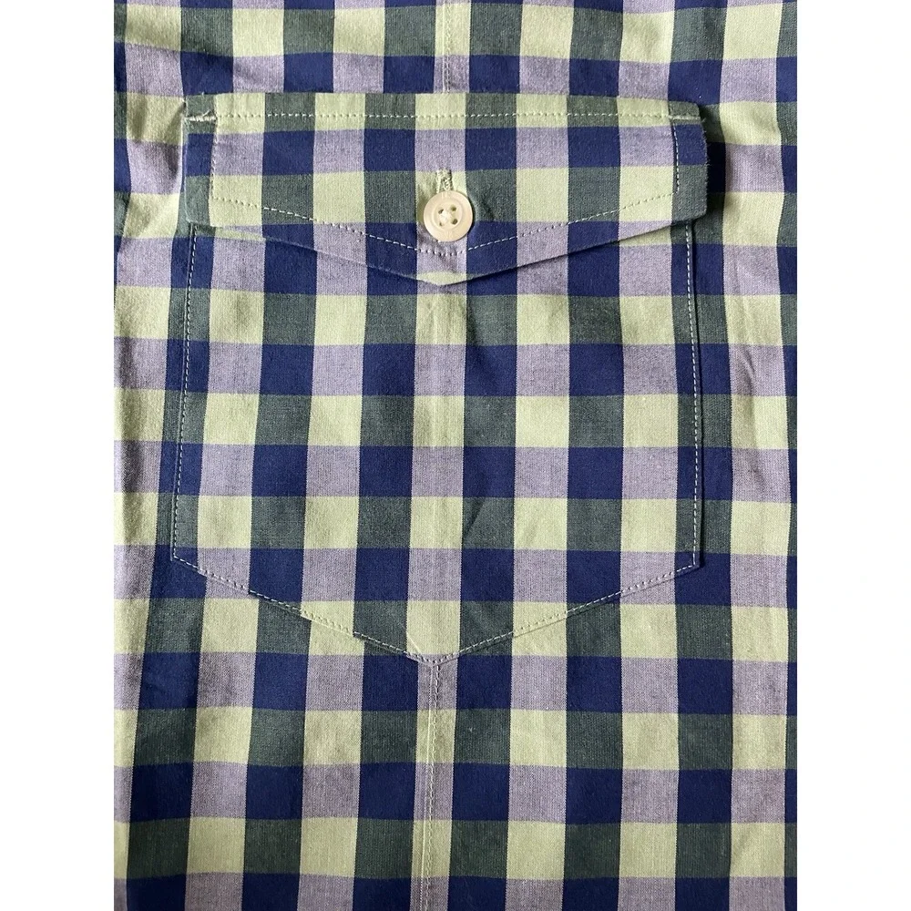 Banana Republic Short Sleeve Button Up Shirt Blue Green Plaid Pocket Large JBHS